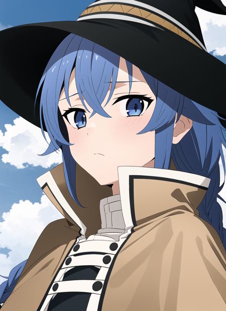 3978523159-1824392533-mushoku tensei style, roxy migurdia, 1girl, bangs, black headwear, blue background, blue eyes, blue hair, braid, brown cape, cap.png